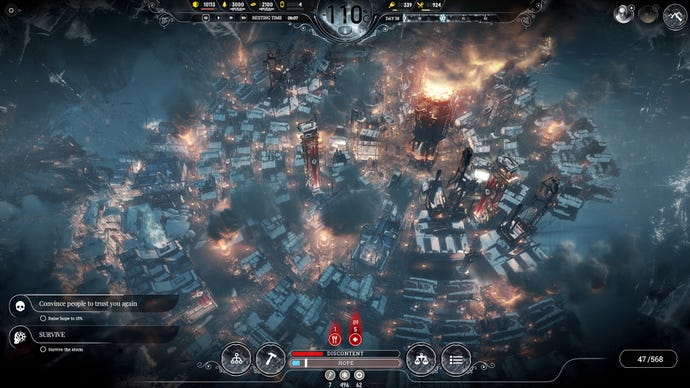 The settlement in a ring around the furnace in a Frostpunk screenshot.