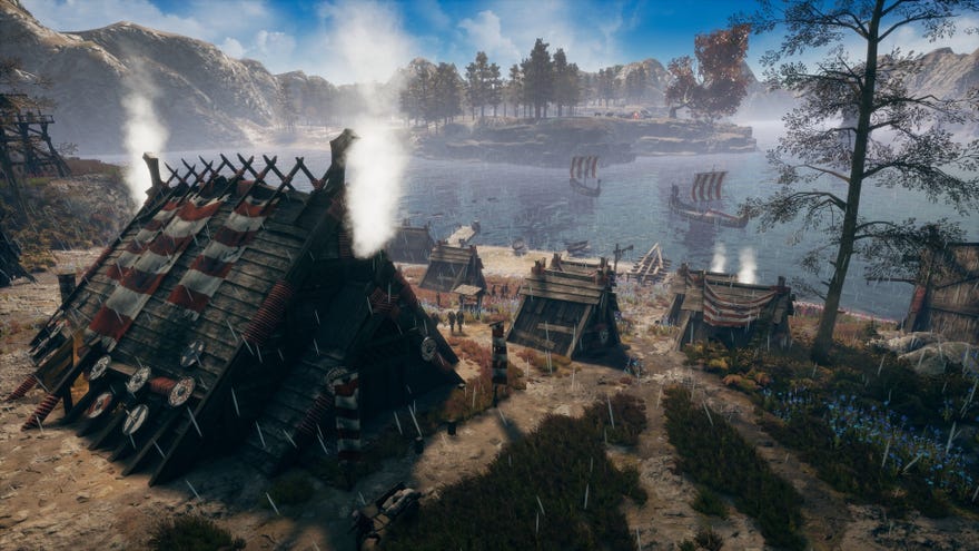 A screenshot of Frozenheim, showing a small Norse village next to a lake.