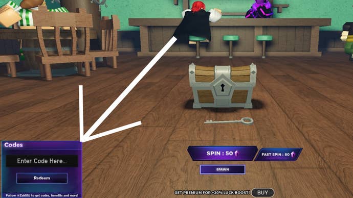 Roblox, Fruit Battlegrounds code redemption menu, a large arrow is pointing to the "redeem codes" text box in the bottom left corner of the screen.