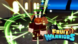 In-game screenshot of Roblox game Fruit Warriors showing a battle in action with special effects flying appearing around the characters fighting.