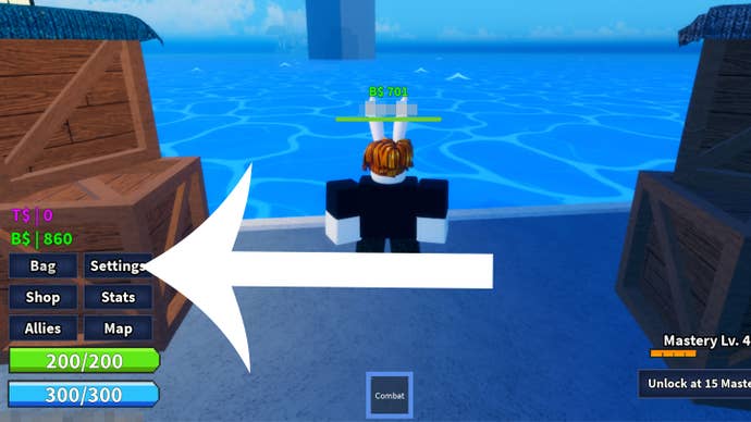 Image showing Roblox game Fruit Warriors with an arrow pointing at the Settings button