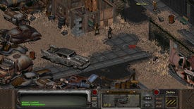 a screenshot of Fallout 2 with a wide-screen mod applied; the player character wearing a leather jacket talks to other toughs in a junkyard