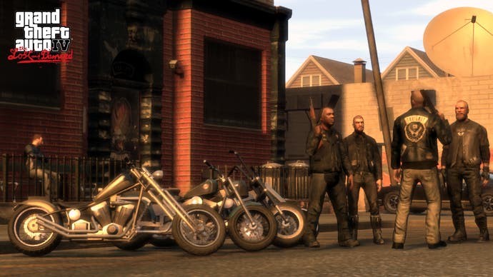 Bikers stood outside the The Lost MC Clubhouse in The Lost and Found
