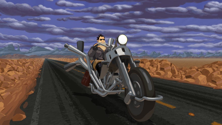 Ben rides his bike through the desert in a Full Throttle Remastered screenshot.