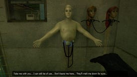A screenshot from G String showing the torso of a masculine, bald android, mounted on a wall. It is asking the protagonist to take it with them.