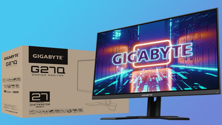 the gigabyte g27q gaming monitor, pictured next to its box