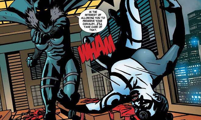 The Black Panther decks Lady Bullseye on behalf of Luke Cage.