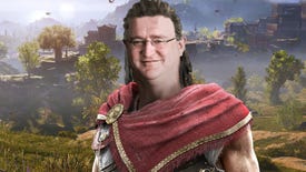 Alexios from Assassin's Creed Odyssey standing in front of a grassy backdrop, but he has the face of Gabe Newell
