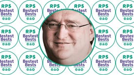 A white background covered in Bestest Best logos, with the face of Gabe Newell in the middle