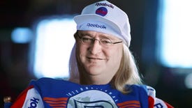 Garth from Wayne's World wearing Reebok branded clothes and the face of Valve's Gabe Newell