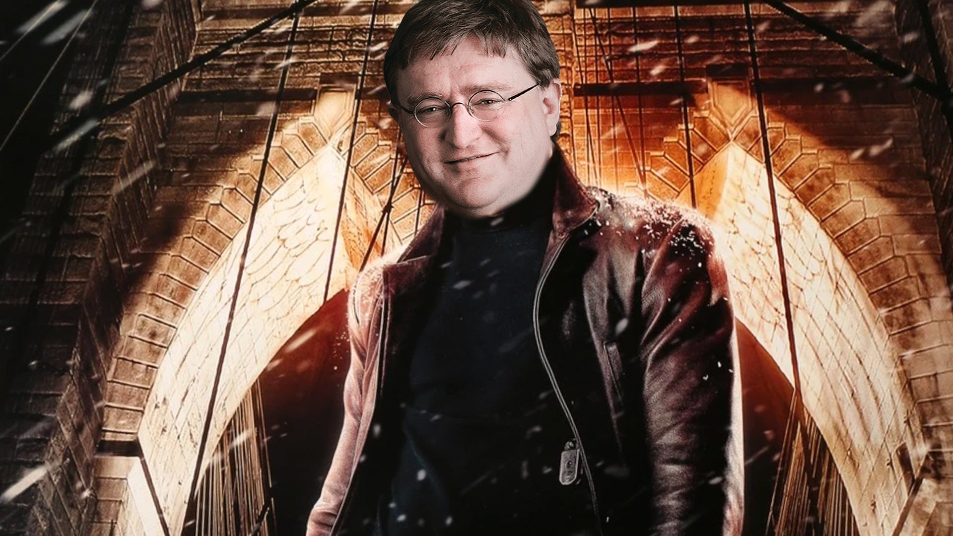 Mark Wahlberg, as Max Payne, standing in front of a dark archway. Gabe Newell's face is over top the Boston actor and restaurateur's face.