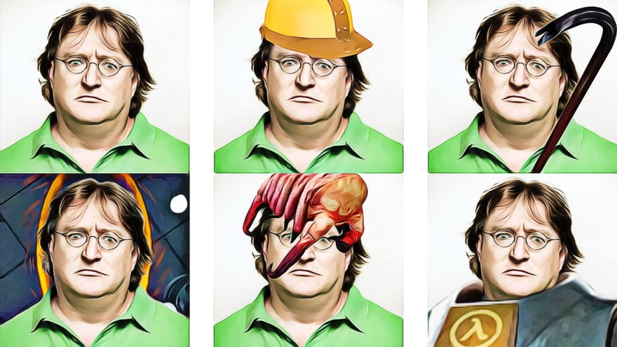 A Bored Ape NFT-style collage of Gabe Newell portraits, with different Valve-themed hats and backgrounds.