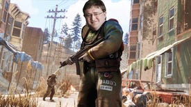 A character from Rust standing in front of a few buildings on a dusty road. They also have the face of Gabe Newell.