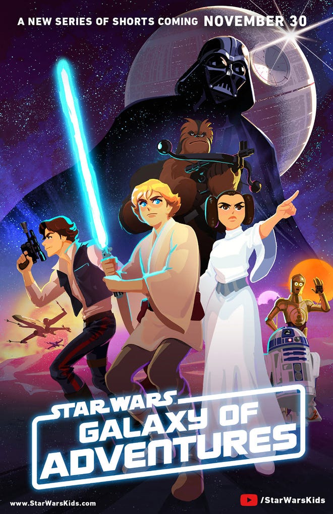 Poster for television show Star Wars Galaxy of Adventures, featuring Leia, Luke, Han, and Darth Vader