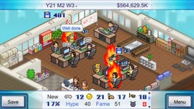 A screenshot of Game Dev Story showing an office of people at computers, with several people seemingly on fire.