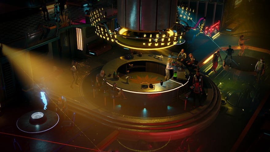 Gamedec - In an isometric view of a futuristic bar, characters sit around having drinks and dancing in a club.