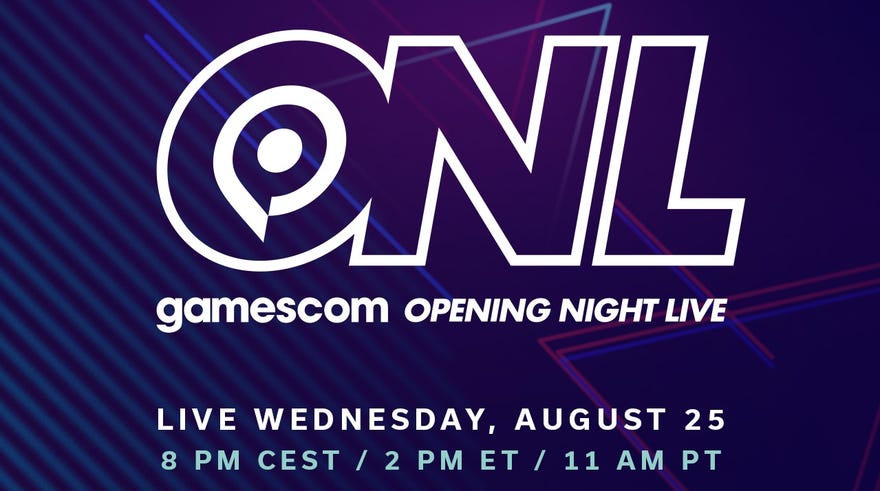 Gamescom Opening Night Live 2021 logo with text announcing the date and time "Wednesday, August 25 at 8pm CEST / 2pm ET / 11am PT"