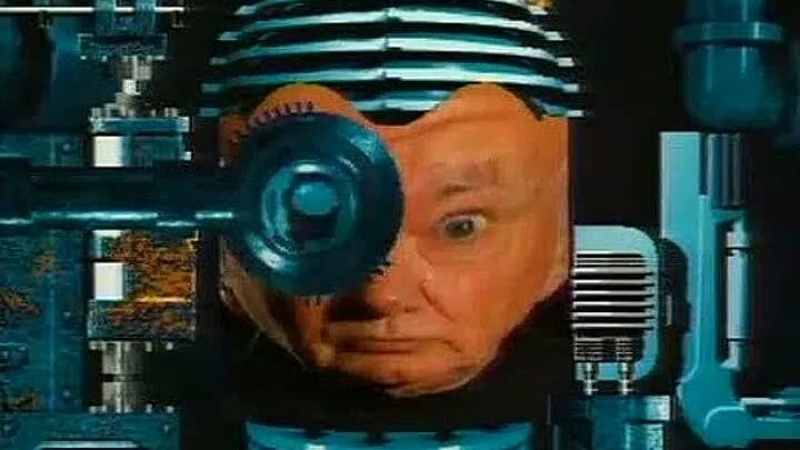The cyborg head of Patrick Moore in GamesMaster.