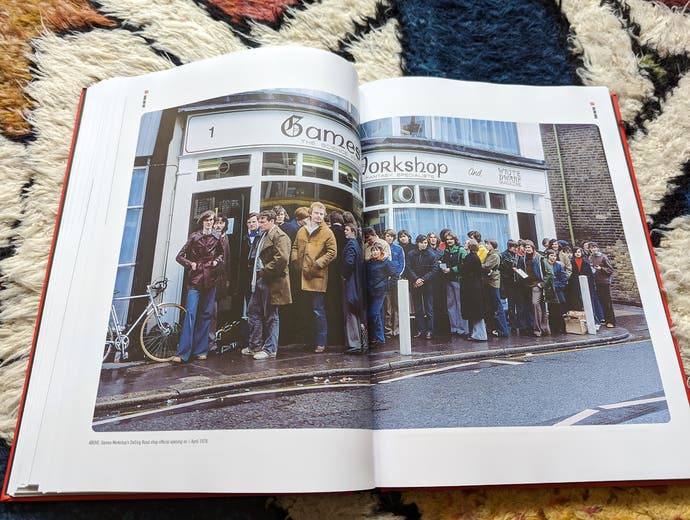 A photo of the Dice Men Games Workshop book, showing a double-page photo of the original Games Workshop shop opening.
