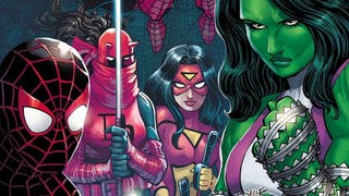 Cropped cover of Spider-Man featuring Miles Morales, Electra daredevil, Spider Woman and She-Hulk