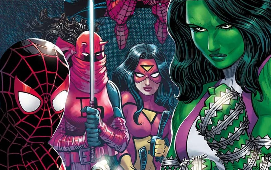 Cropped cover of Spider-Man featuring Miles Morales, Electra daredevil, Spider Woman and She-Hulk