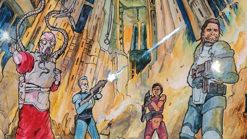 Four members of a gang exerting their influence through bullets in th upcoming tabletop RPG Gangs of Titan City, which is now crowdfunding on Kickstarter.