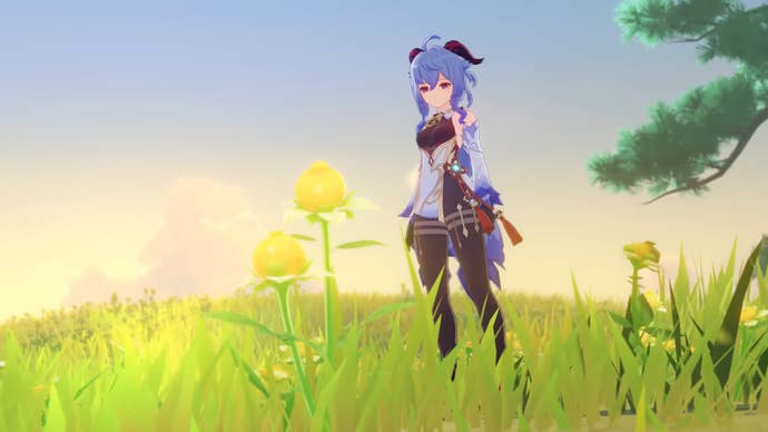 Ganyu from Genshin Impact looking at a flower.