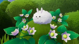 A white fluffy bunny-oid creature sitting on top of a bush and surrounded by lilly-like flowering vines in a screen from Garden Witch Life