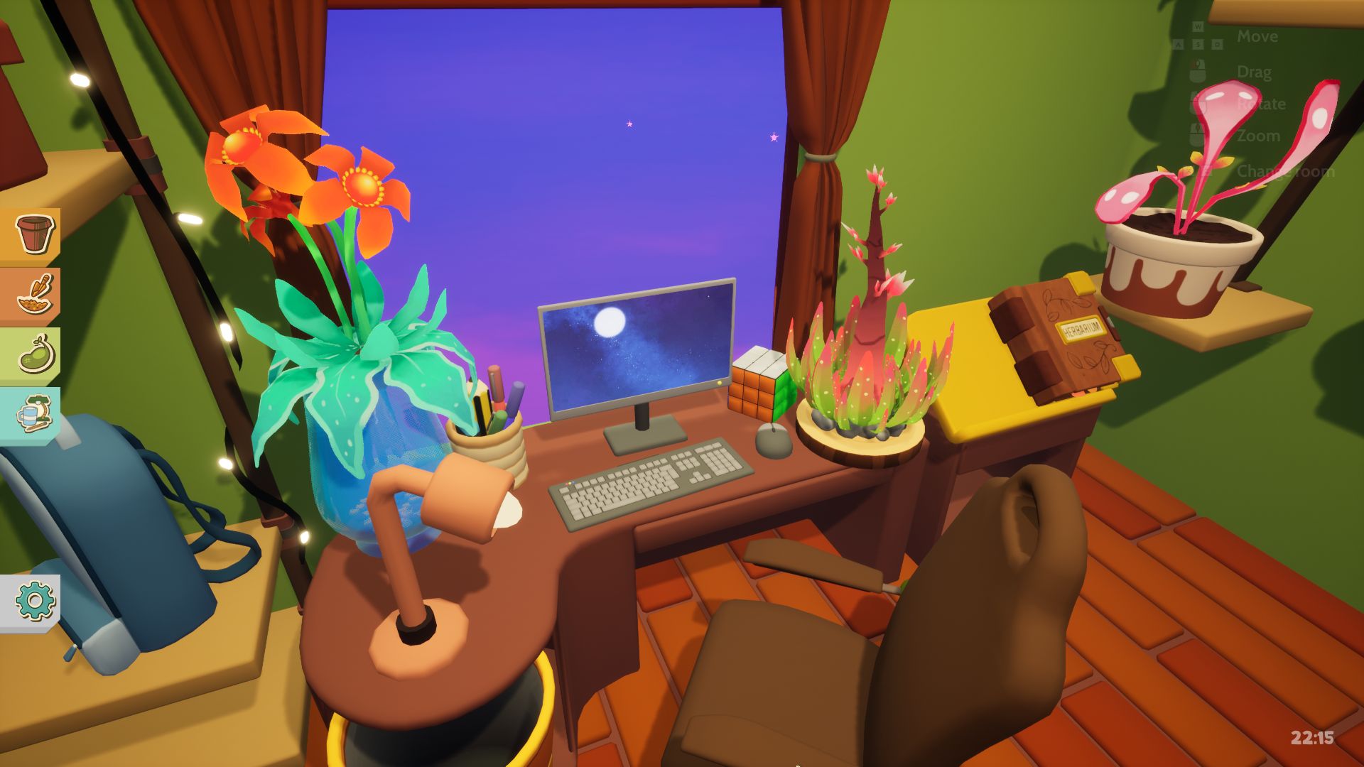 A desk with a PC and desk chair, lamp, and several exotic looking plants with bright leaves and stems