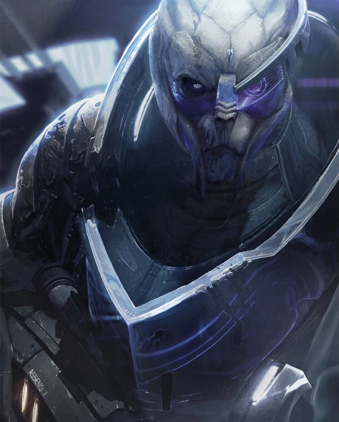 Garrus from Mass Effect, close up to the camera, in illustrated style. What a hunk.