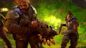 A screenshot showing two burly soldiers, one masculine and one feminine, holding big weapons and backlit by a green explosion
