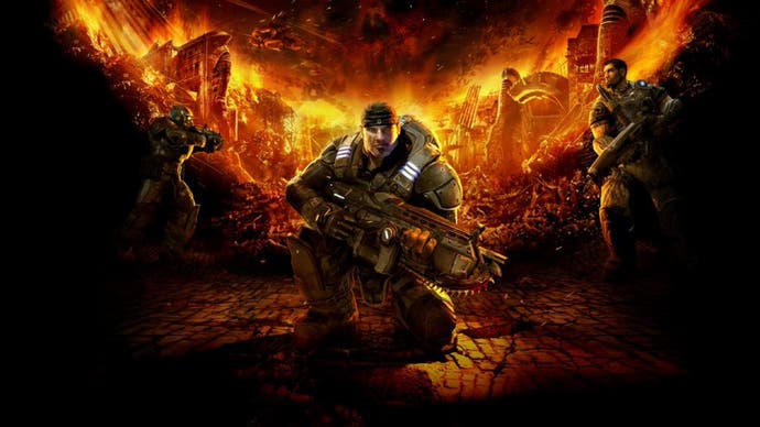 Artwork showing Gears of War protagonist Marcus Fenix crouched with a gun in his hand while a fiery explosion fills the background.