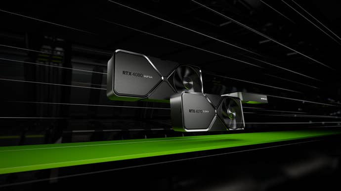 Photography of the Geforce 40 Super Series Family on a green and black background.
