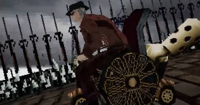 Gherman, in Bloodborne Kart, sits on a wheelchair with a huge engine coming off the back of it.