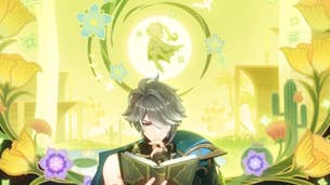 Genshin Impact Alhaitham build: An anime man with short silver hair, wearing a black tunic with a green cape, is holding a book and wearing a thoughtful expression. Behind him is a stylized background of golden flowers and waterfalls, with the figure of a small child hovering in midair
