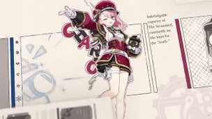 Genshin Impact Charlotte materials: An anime young woman with a red dress and hat and shoulder-length pink hair is depicted on the front of a broadsheet with a small camera in hand.