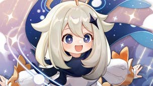 Genshin Impact Lantern Rite free character: An anime fairy with shoulder-length white hair, wearing a poofy white onesie with gold cuffs, is floating against a backdrop of stars while wearing a large smile on her face