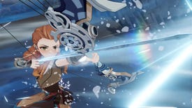 Genshin Impact - crossover character Aloy from Horizon Zero Dawn draws her cryo bow.