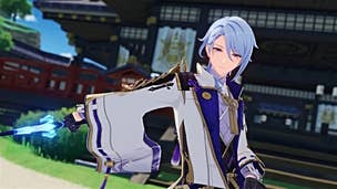 Genshin Impact Ayato materials list: An anime man with medium-length blue hair, wearing an elaborate white coat with blue and gold trim, is flourishing a blue sword to his right