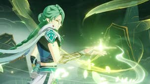 Genshin Impact Baizhu build: An anime man with long green hair pulled back in a braid, and a large white snake around his shoulders, is holding a ball of glowing green energy in his right hand