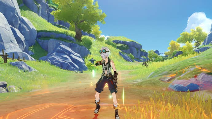 Genshin Impact Bennett build: Bennett standing in the field his elemental burst creates
