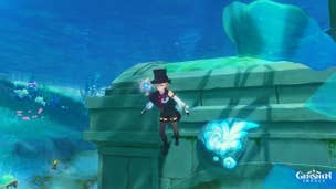 Genshin Impact Beryl Conch: An anime man with a top hat, wearing a black romper, is floating underwater near a Beryl Conch, a bright blue shell set in stone
