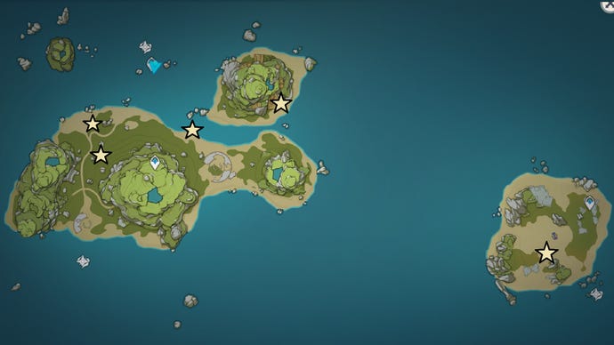A map of Broken Isle, part of the Golden Apple Archipelago in Genshin Impact, showing the locations of Phantasmal Conches in Version 2.8.