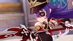Genshin Impact Chevreuse materials list: An anime woman with long purple hair, wearing a cylindrical black hat and a red uniform, is holding a polearm in both hands, preparing to jab it forward