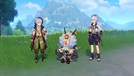 A Genshin Impact screenshot of three characters side-by-side in front of a mountain, looking at the camera.