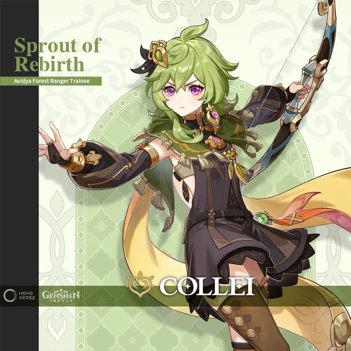 Collei's full character intro card from Genshin Impact, including her title "Sprout of Rebirth: Avidya Forest Ranger Trainee".