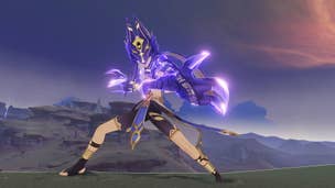 Genshin Impact Cyno build: A young man wearing a wolf hat is generating purple electricity