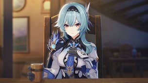Genshin Impact Eula materials: An anime woman with blue hair in a bob style and a white and blue jumper is sitting at a table softly illuminated by morning light