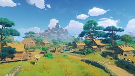 An idyllic farming village in Genshin Impact, as viewed from its outskirts.