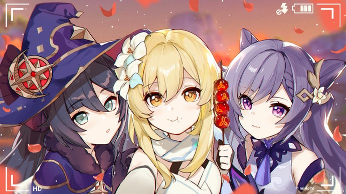 Three Genshin Impact characters take a selfie while enjoying some dango.